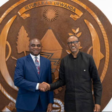 President Paul Kagame and Professor Kingsley Chiedu Moghalu. Photo/Courtesy.