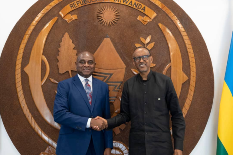President Paul Kagame and Professor Kingsley Chiedu Moghalu. Photo/Courtesy.