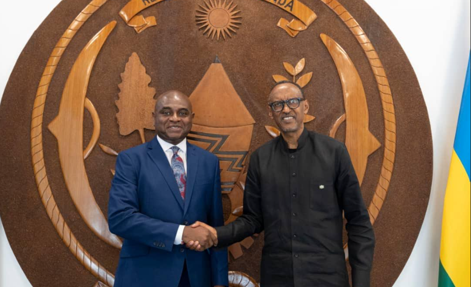 President Paul Kagame and Professor Kingsley Chiedu Moghalu. Photo/Courtesy.